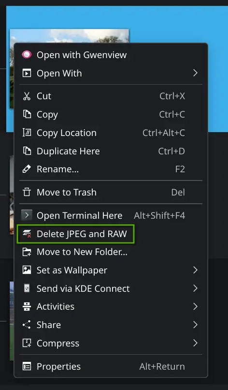 Dolphin context menu with option to 
        Delete JPEG and RAW file.